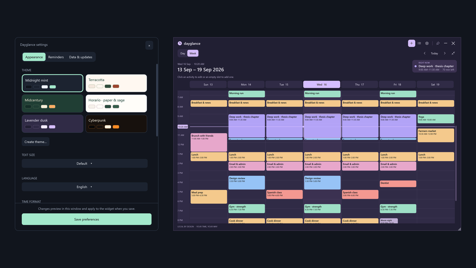 Settings and the Lavender dusk theme