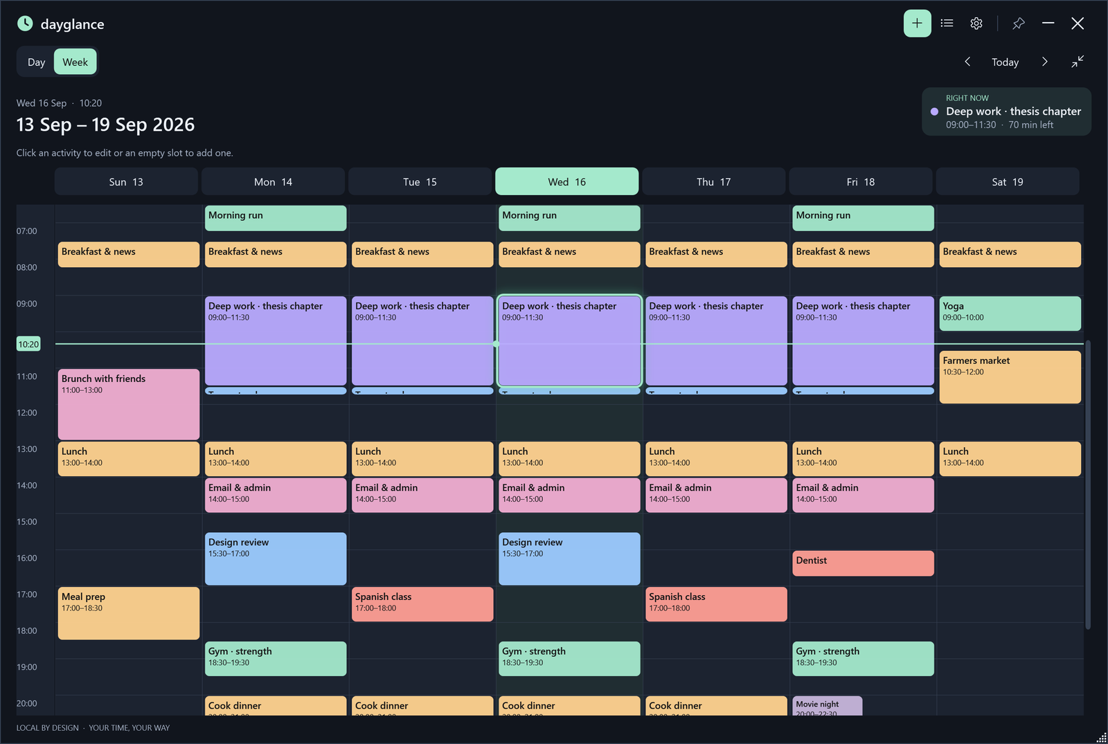Dayglance week view with a live time line and the current activity highlighted